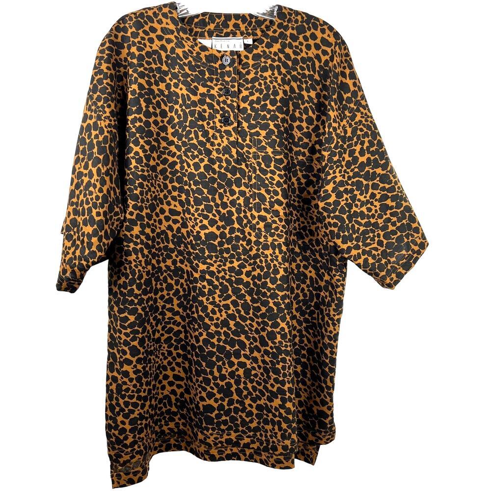 Vintage Women's Top Ann Tjian for Kenar Linen Blend Leopard Print Tunic Size L